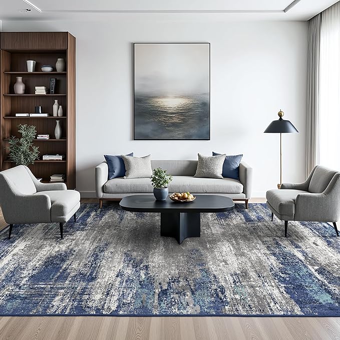 BEIMO Area Rugs 8x10 for Living Room Bedroom, Modern Abstract Machine Washable Rug, Large Soft Low Pile Floor Cover with Non Slip Backing for Dining Room, Navy Blue Gray
