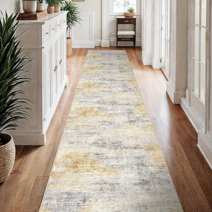 3x15 Washable Kitchen Runner Rug: Modern Abstract Runners for Hallway Soft Non Slip Rugs with Rubber Backing Low Pile Thin Waterproof Floor Carpet for Entryway Bedroom Bathroom Indoor 3x15 Grey/Yellow