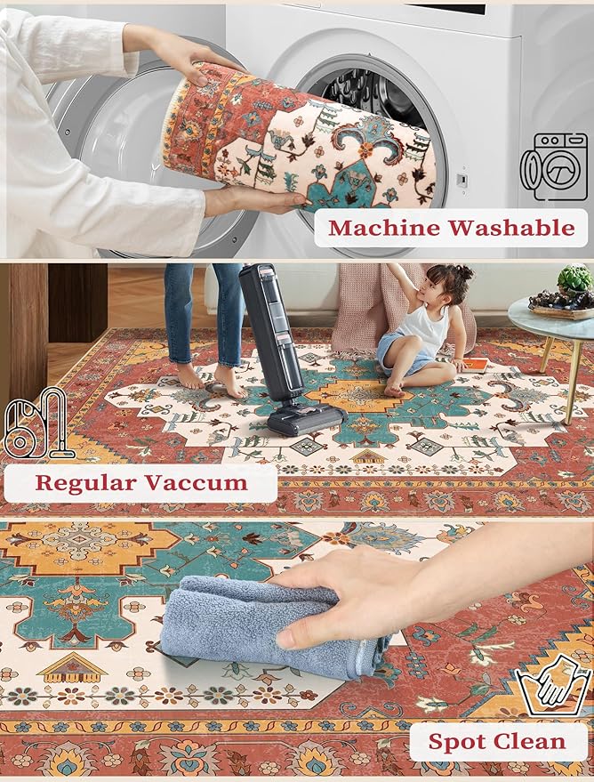 SERISSA Boho Washable Runner Rug, 2'6"x10' Long Non-Slip Vintage Orange Hallway Kitchen Stair Runner Rug Ultra Soft Print Distressed Floor Carpet for Bedroom Bathroom Laundry Room