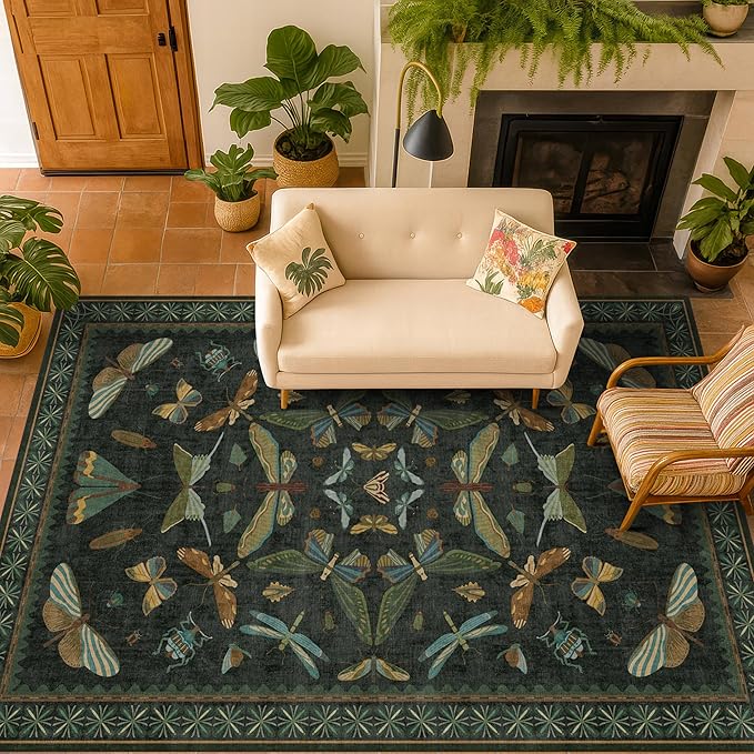 Dark Green Area Rugs 5x7 for Living Room - Fairy Fantasy Moss Rugs for Dining Room Table, Bedroom, Whimsical Insect Boho Moth Décor, Washable Non Skid Soft Carpet
