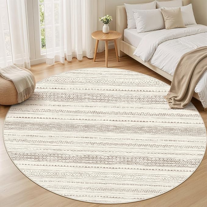 Nakagishi Round Rug Boho Area Rugs: 4x4 Washable Large Circle Neutral Soft Stain Resistant Non-Slip Carpet for Women Aged 25-45 Farmhouse Decor Enthusiasts - Living Room Bedroom Dining Room Nursery