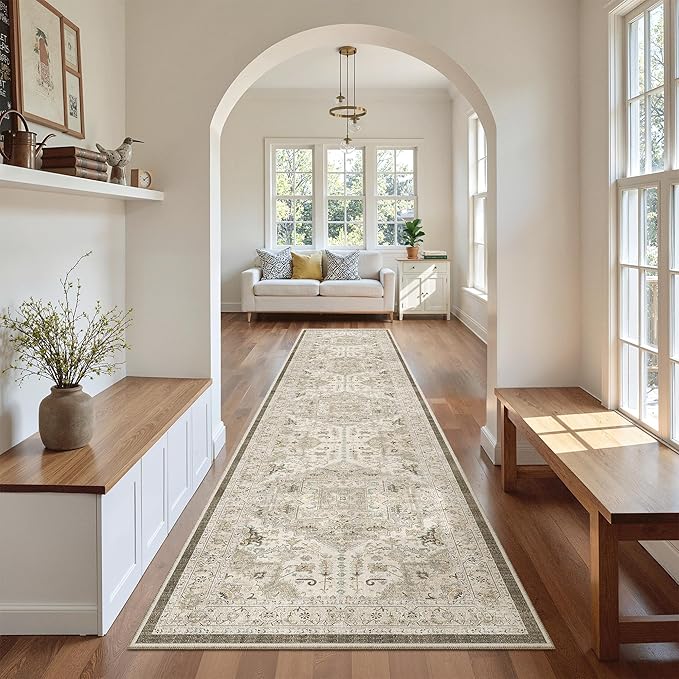 Madane Hallway Runner Rug 2'6''x12' Kitchen Runner, Non Slip Vintage Runners for Hallways Washable Kitchen Rugs Soft Low Pile 2.5x12 ft Rug Runner for Laundry Room, Entryway and Bedroom, Ivory/Brown