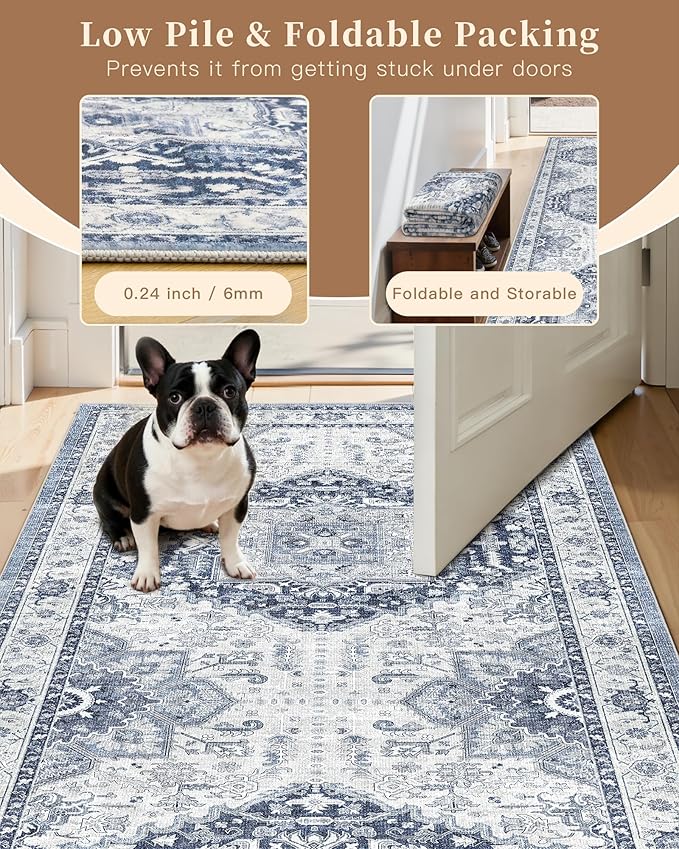 Madane Washable Runner Rug 2x6, Ultra-Thin Non-Slip Non-Shedding Hallway Runner, Stain Resistant Kitchen Mat Entryway Carpet Runner, Vintage Pet Friendly Low Pile Runners (2x6ft, Navy/White)