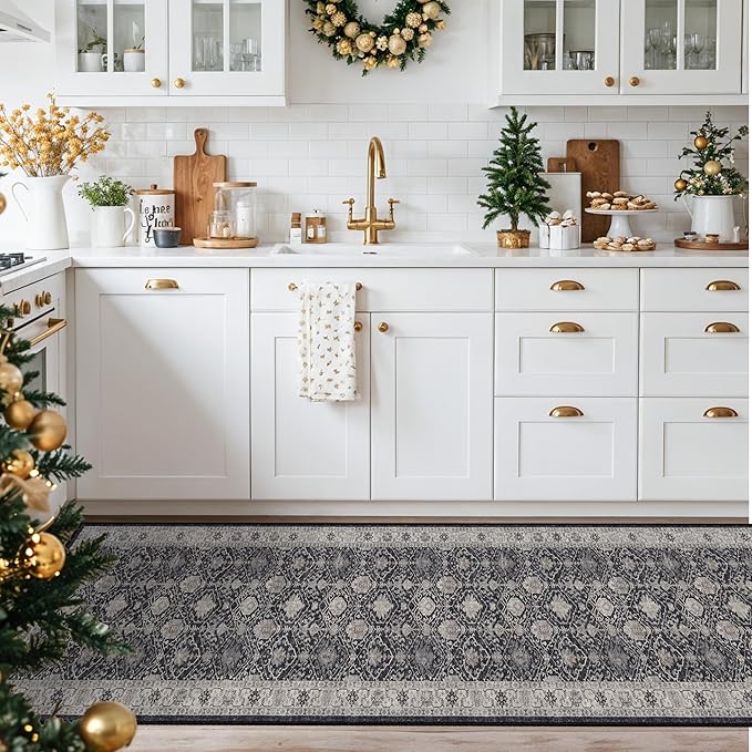 Hallway Washable Runner Rug - 2x10 Kitchen Rugs Entryway Rug Runner Vintage Soft Floor Mat Non Slip Indoor Farmhouse Carpet for Bathroom Living Room Bedroom(2 X 10, Black)