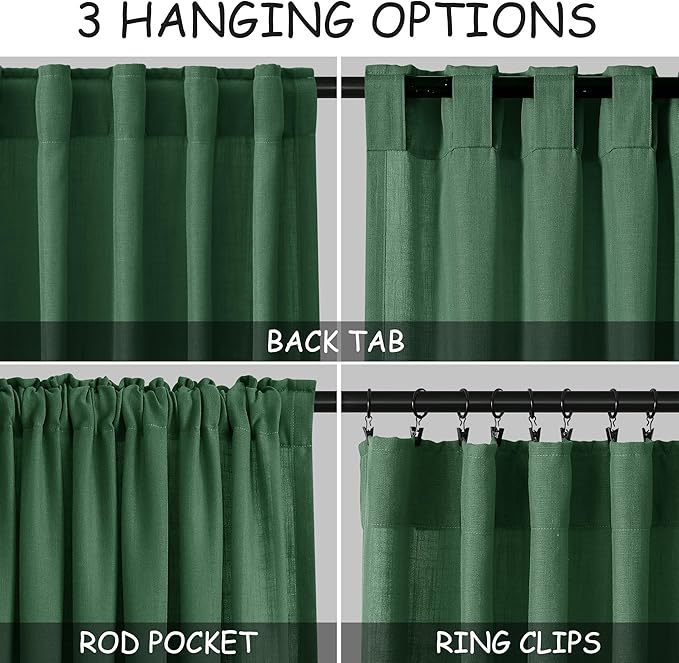 Green Semi Sheer Curtains 120 Inches Long 2 Panels Set Back Tab Loop Pocket Linen Blend Boho Large Window Curtain Extra Long Light Filtering Drapes High Ceiling Curtains for Living Room 52x120