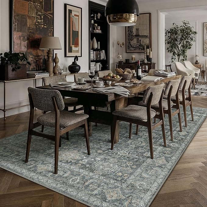 6x9 Washable Area Rug for Living Room Bedroom Vintage Black Grey Carpet Soft Low Pile Traditional Retro Non Slip Throw Rug for Dining Room Entryway Indoor Dorm Kitchen
