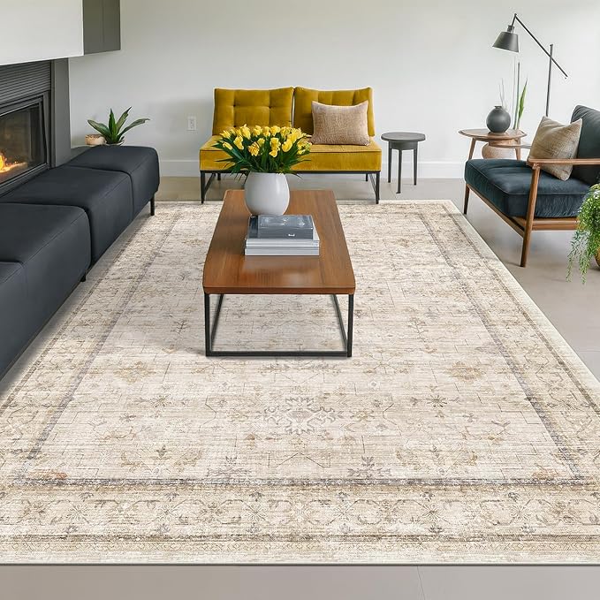 Hazo Haus Washable Ivory Living Room Rug, 8x10 Non Slip Area Rugs for Bedroom, Dinning Room Under Table Low Pile Neutral Farmhouse Vintage Foldable Decor