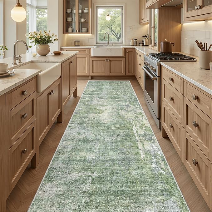 Soalmost Washable Runner Rug, 2'6" x 8' Non-Slip Kitchen Vintage Foldable 2.5x8ft Hallway Runners for Entryway, Laundry, Bedroom, Green/Ivory
