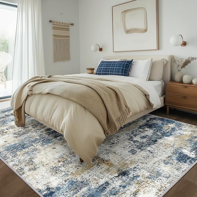 BEIMO Area Rugs 6x9 for Living Room Bedroom, Modern Abstract Machine Washable Rug, Large Soft Low Pile Floor Carpet with Non Slip Backing for Dining Room, Navy Blue Beige
