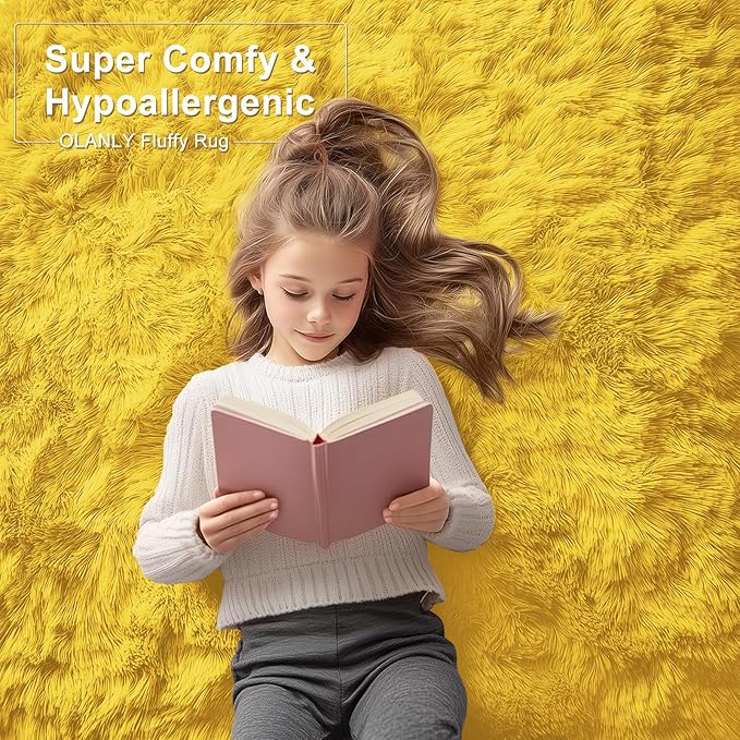 OLANLY 8x10 Machine Washable Large Area Rugs for Living Room, Bedroom, Soft Fluffy Shaggy Bedside Rug, Indoor Floor Carpet for Kids Girls and Boys, Dorms, Nursery, Home Decor Aesthetic, Yellow