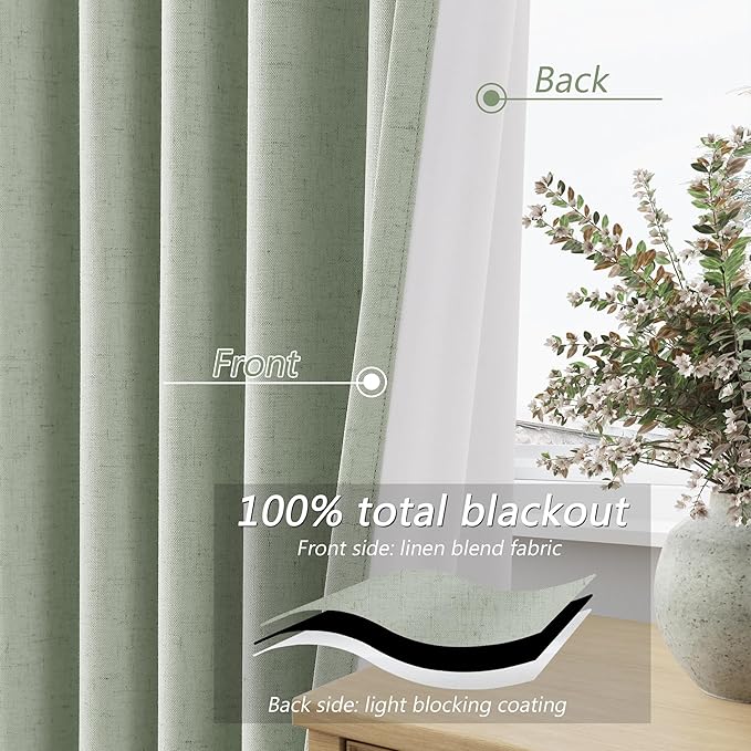 Guken Mist Sage 100% Blackout Linen Curtains 90 Inch Length 2 Panels Set for Living Room Bedroom Back Tab/Rod Pocket Thermal Insulated Black Out Drapes Room Darkening Window Curtains 90 Inches Long