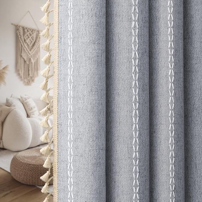 Blue Boho Blackout Curtains 2 Panels 84 Inch for Living Room Bedroom, Linen Texture Farmhouse Curtains with Tassels and White Cotton Embroidery Vintage Rustic Country Western