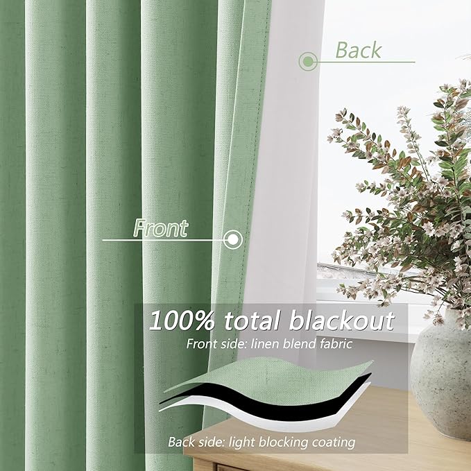 Aqua Green 100% Blackout Linen Curtains 96 Inch Length 2 Panels Set for Living Room Bedroom Back Tab Thermal Insulated Black Out Drapes Room Darkening Farmhouse Style for Bedroom Window Curtains
