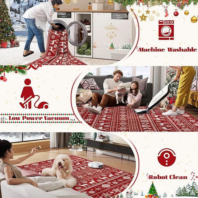 Christmas Rug 6x9 Washable Rugs, Boho Christmas Tree Snowflake Rug Non-Slip Soft Low Pile Non Shedding Indoor Holiday Carpet for Living Room Bedroom Dining Room Home Office (XmasRed, 6'x9')