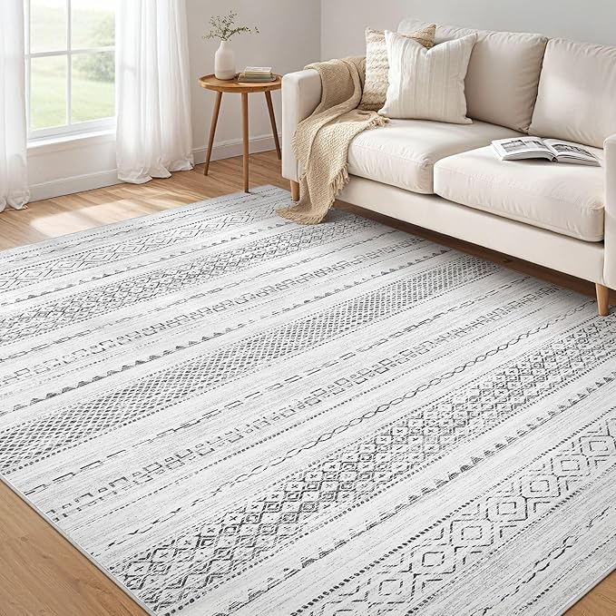 Nakagishi 6x8 Area Rug Living Room: Washable Boho Large Neutral Modern Soft Farmhouse Rugs Stain Resistant Indoor Floor Non-Slip Carpet for Bedroom Nursery Kids Playroom Office Dining Room- Grey