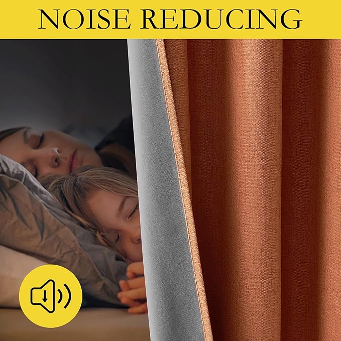 NICETOWN 100% Absolutely Blackout Linen Curtains with Thermal Insulated Liner, Terracotta, 52" Wide, 2 Panels, 63 inches Long Drapes, Grommet Retro Linen Curtains Vertical Drapes Privacy for Bedroom