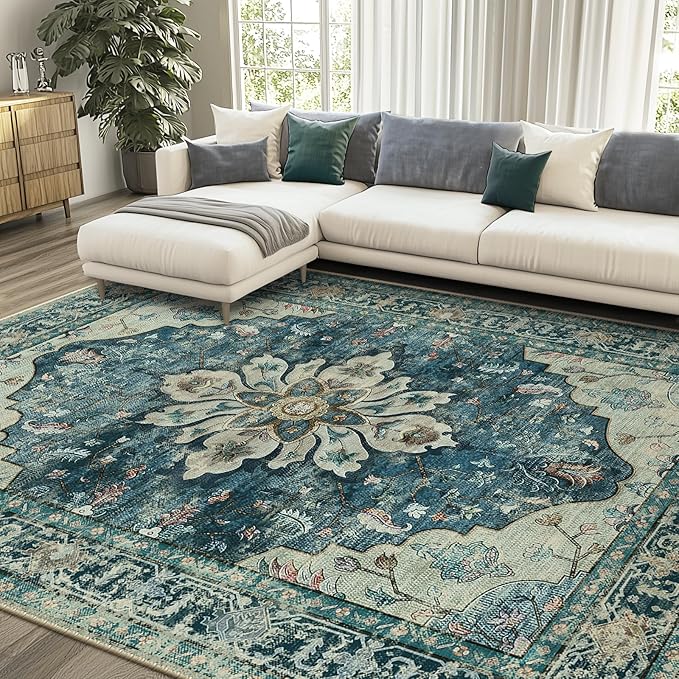 RELEANY Area Rugs 6'x9' Washable Non-Slip, Floral Vintage Distress Print Pattern Medallion Carpet for Living Room Bedroom Dining Room, Dark Blue Vintage