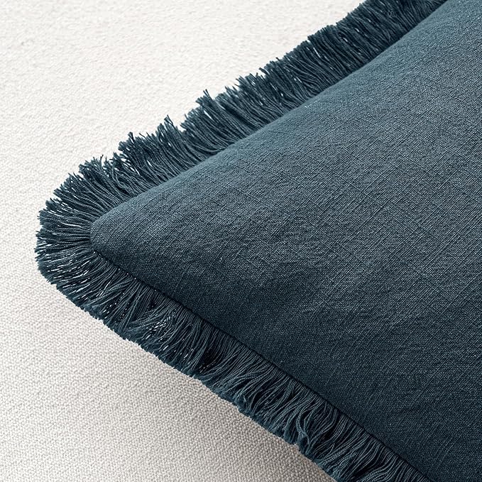 MIULEE Decorative Throw Pillow Covers Neutral Linen Fringe Throw Pillows Set of 2 Navy Blue Boho Farmhouse Cushion Covers with Tassels for Couch Sofa Bed Living Room Spring Home Decor 16x16 Inch