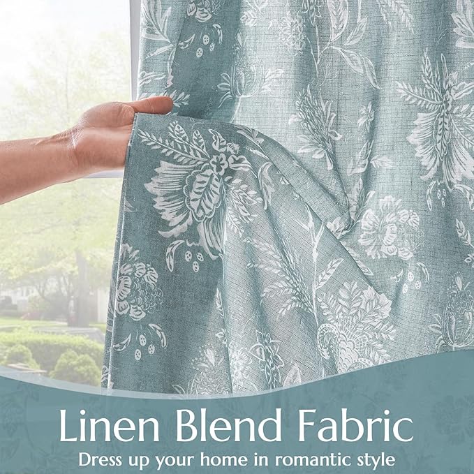jinchan Linen Floral Curtains for Living Room, 84 Inch Length Curtains with Printed Flower Light Filtering Curtain, Rod Pocket Back Tab Blue Window Treatment Set Bedroom Curtain, 2 Panels Blue