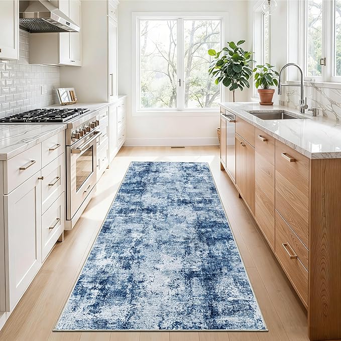 3x6 Washable Entryway Runner Rug: Non Slip Wide Hallway Runners Easy-to-Clean - Soft Living Room Bedroom Kitchen Carpet - Thin Low Pile Printed Floor Mat for Dining Room Blue