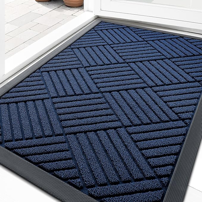 OLANLY Front Door Mat Outside Entrance 29.5x17, Absorbent, Heavy Duty Sturdy Natural Rubber Doormat Indoor Outdoor, Stain Fade Resistant, Non-Slip Low Profile Floor Mat for Entryway, Navy Blue Diamond