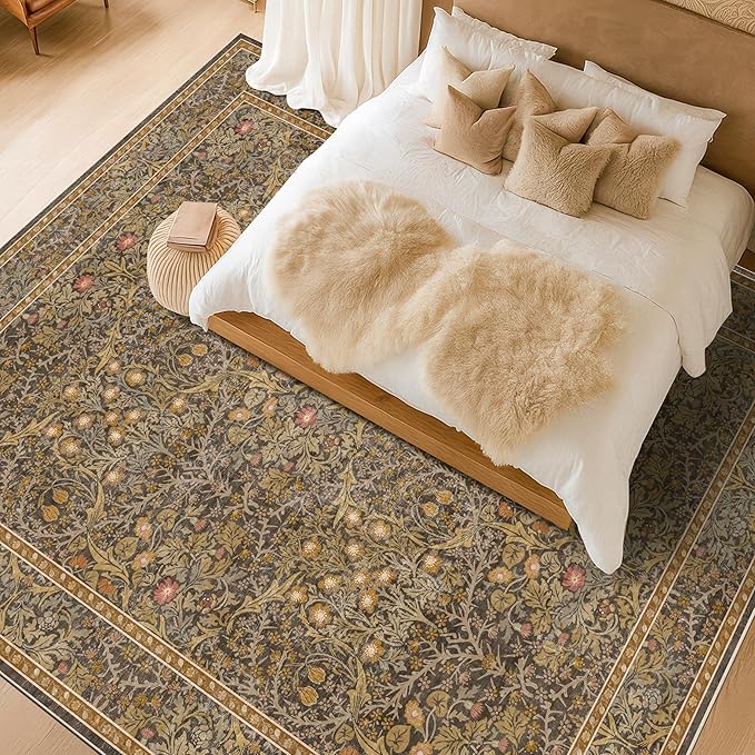 Large 8x12 Boho Living Room Rug - Gold Brown Geometric Floral Area Rug for Dining Room Under Table, Bedroom Under Bed, Low Pile & Soft - Vintage Design & Stain Resistance Carpet