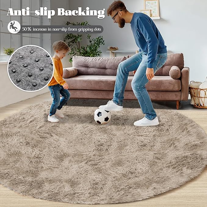 Camel Round Rugs for Bedroom: 4ft Circle Fluffy Shag Soft Washable Rug Small Fuzzy Plush Indoor Carpet for Kids Girls Boys Nursery Dorm Classroom (Camel, 4'x4')