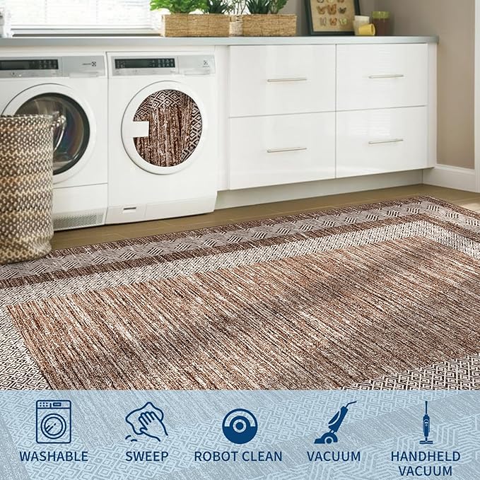 GarveeHome Washable Rug 5x7 Modern Bordered Rug with Non Slip Rubber Backing, Low Pile Thin Carpet, Soft Non Shedding Floor Covering, Foldable Printed Carpet for Living Room Bedroom, Brown