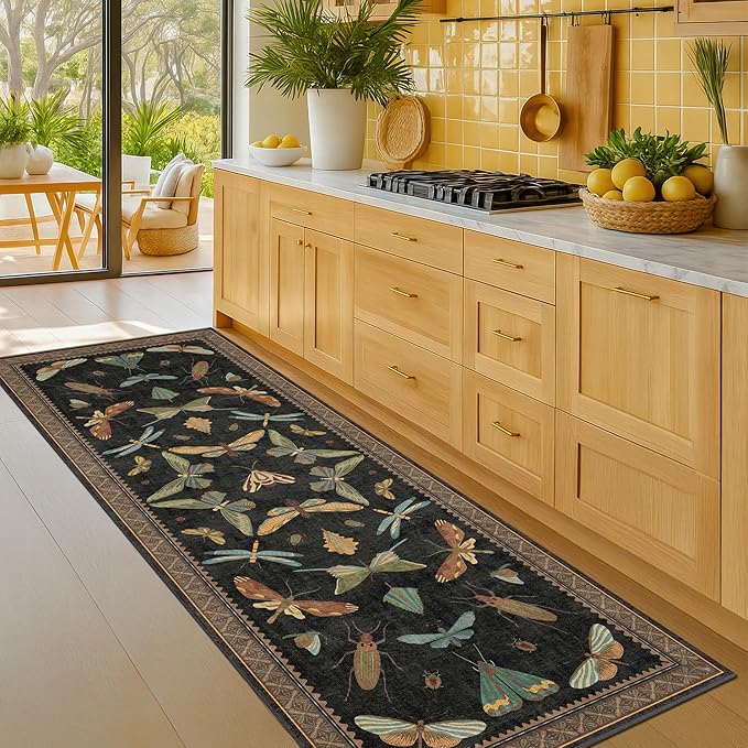 2x5 Black Washable Kitchen Runner Rugs Non Skid Washable - Gothic Runner Rug for Entryway, Kitchen, Insect Print Stain Resistant Indoor Décor