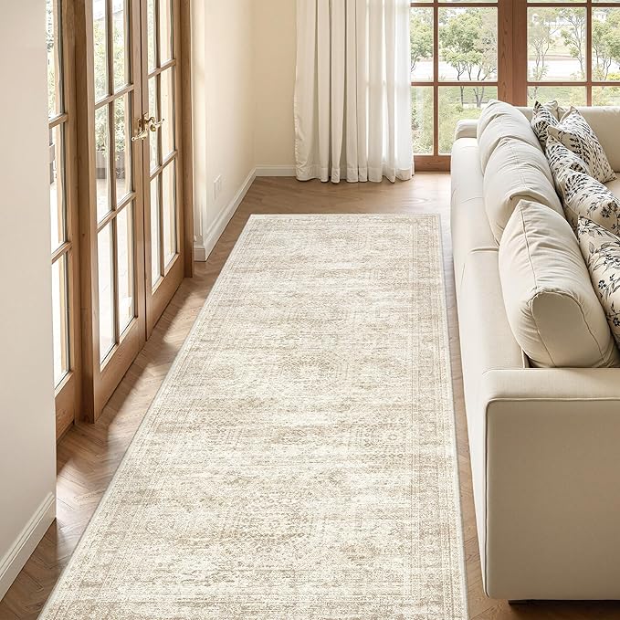 3x6 Runner Rug Non Slip, Thin Entryway Washable Rug for Entryway, Runners for Hallways, Low Pile Vintage Abstract Soft Rugs for Living Room, Kitchen, Bedroom(3'x6', Beige/Ivory)