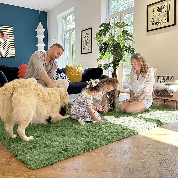 OLANLY 2x8 Machine Washable Runner Rugs for Hallway, Soft Fluffy Shaggy Bedside Rugs for Bedroom, Living Room, Indoor Floor Carpet for Kids Girls and Boys, Home Decor Aesthetic, Green