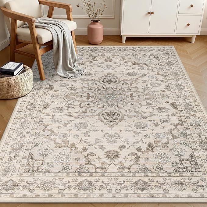 4x6 Area Rugs for Living Room: Washable Rug Soft Vintage Distressed Floral Carpet Indoor Floor Non-Slip Stain Resistant Large Carpets for Bedroom Dining Room Farmhouse Nursery Home Office Brown Beige