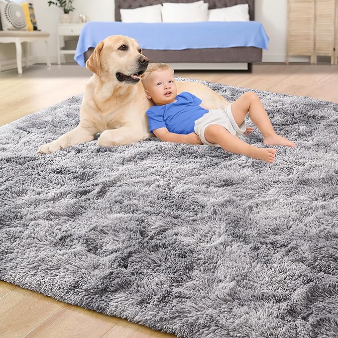 Tepook Fluffy Large Rugs for Living Room, Area Rug 6x9 Soft Carpet for Bedroom, Modern Shaggy Rug for Kids Boys Girls, Plush Indoor Nursery Home Decor Rug with Non-Slip Bottom, Tie-dye Light Grey
