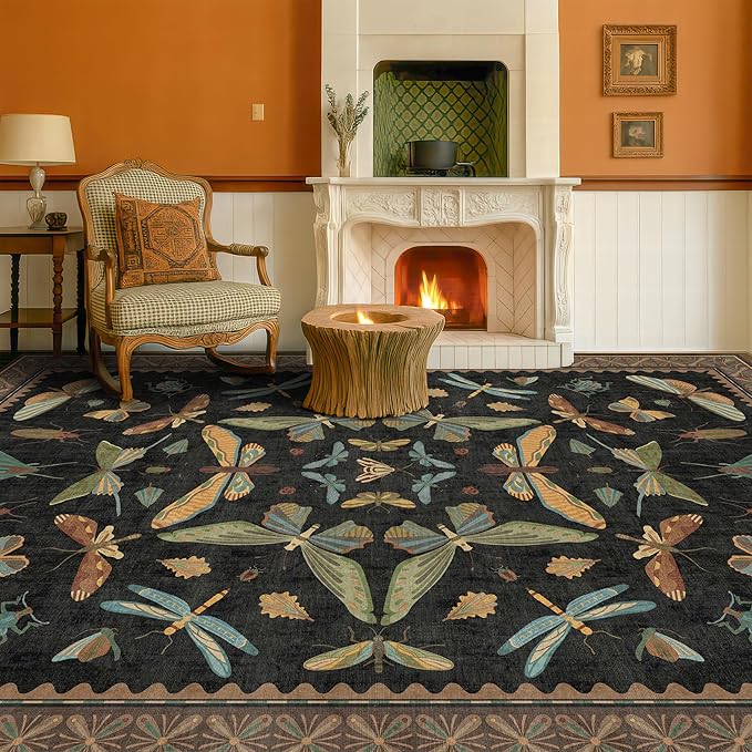 Hazo Haus Living Room Rug Black Boho 6x9 - Dining Room Rugs for Under Table, Bedroom, Insect Bug Eclectic Home Décor, Washable Non Slip Foldable