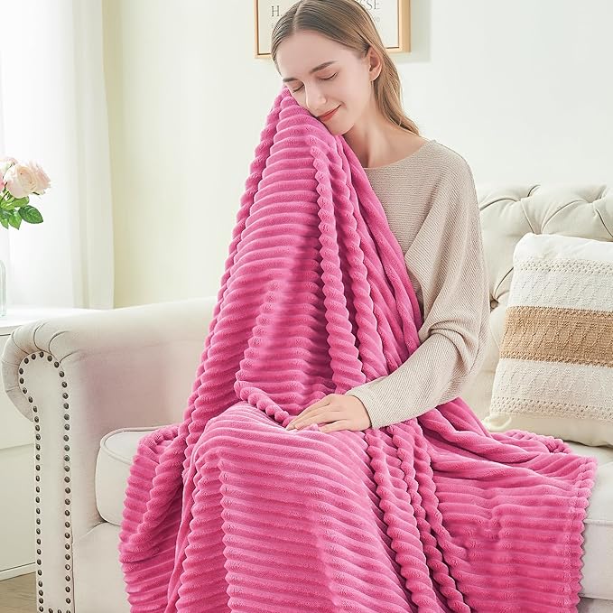 BEDELITE Fleece Blanket Twin Size – 3D Ribbed Jacquard Soft and Warm Decorative Fuzzy Blankets – Cozy, Fluffy, Plush Lightweight Throw Blankets for Couch, Bed, Sofa(Hot Pink, 60x80 inches)