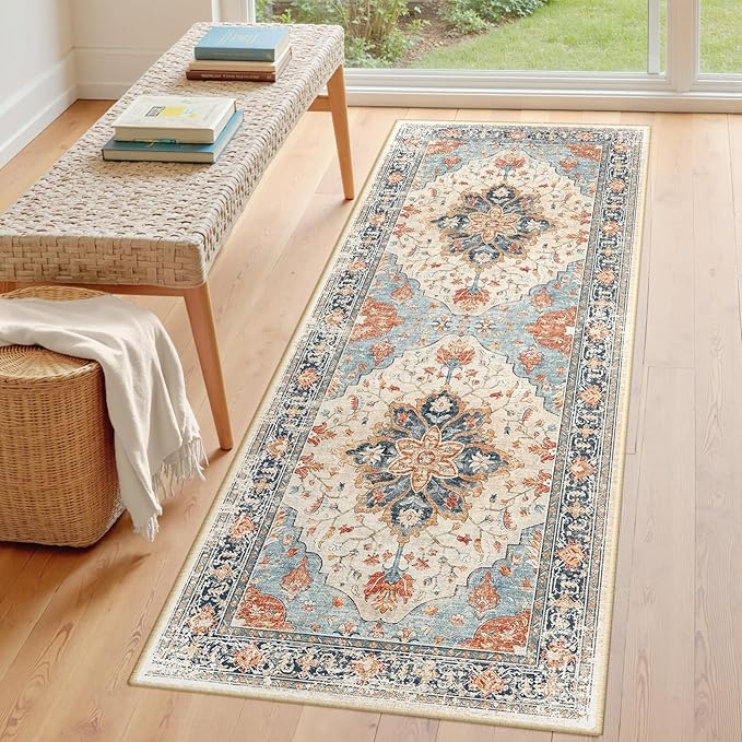 Area Rugs 3'x7' Runner Rug Non Slip Washable for Kitchen Hallway Bedroom Beside Laundry Room Bathroom Rug, Floor Carpet, Beige Navy Blue Orange Colorful