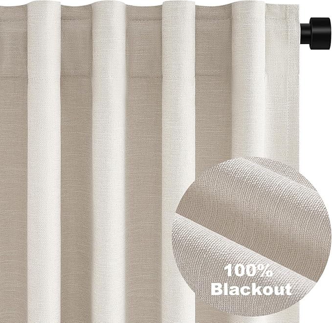 70 Inches Extra Wide Natural Linen Blackout Curtains 84 Inch Long for Living Room 100% Black Out Back Tab Pleated Drapes for Bedroom Winter Thick Window Energy Efficient 70"W x 84"L 2 Panels