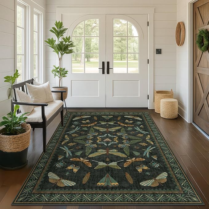 Hazo Haus Black and Green Rug 5x8 for Living Room - Dark Moody Rugs for Dining Room Table, Playroom, Home Office, Insect Floral Moth Décor, Washable Non Skid Foldable