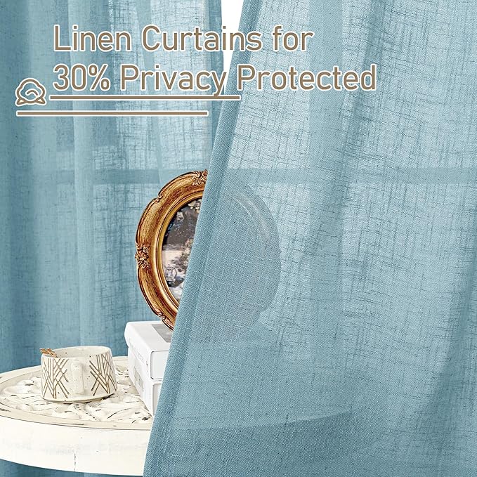LAMIT 40 Inch Length Linen Curtains for Small Windows, Semi Sheer Light Filtering Panels Back Tab and Rod Pocket Country Decor Drapes for Basement/Kitchen, Stone Blue, 2 Panels, 34 x 40 Inch