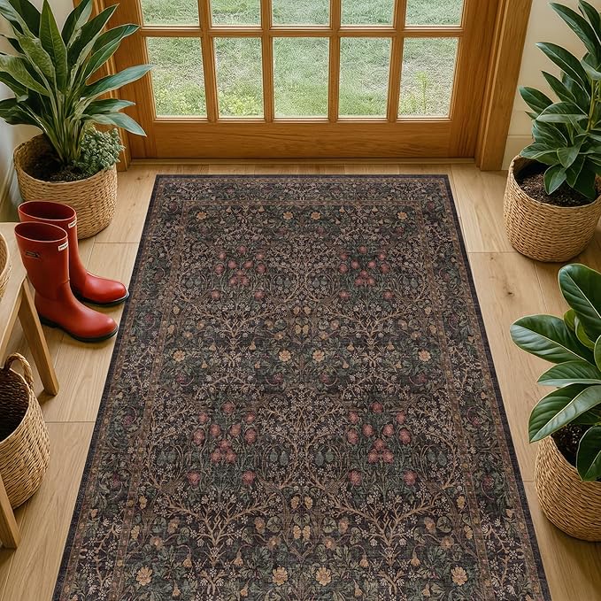 Boho Dark Brown 3x5 Large Entryway Rug - Moody Neutral Washable Low Pile Area Rugs Non-Slip for Mudroom, Door Mat Indoor Entrance, Kitchen, Laundry, Taupe Golden Accent Floral Floor Decor