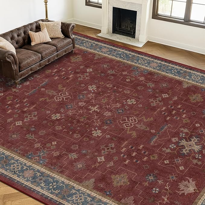 Hazo Haus Moroccan Big Rugs for Living Room - Dark Red 10x14 Area Rug for Large Bedroom, Dining Room, Washable Lightweight Low Pile Foldable Oriental Burgendy Home Décor