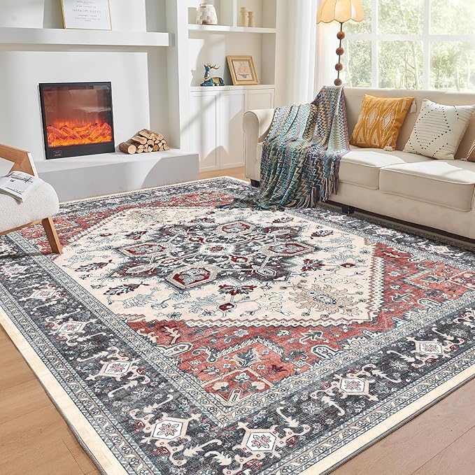 OPPODREAM Soft Area Rugs 5x7, 5x7 Washable Rug with Non Slip Backing, 5 x 7 Faux Cashmere Low-Pile Carpet, Black & Red