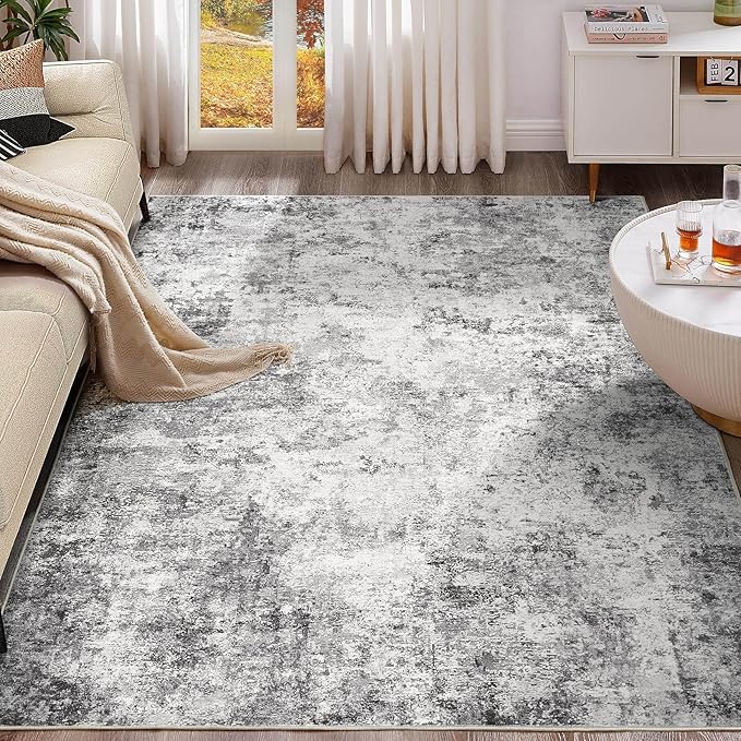 UERMEI 10x14 Area Rug Living Room Rugs - Washable Neutral Modern Abstract Soft Thin Large Rug Indoor Floor No Slip Rug Carpet for Bedroom Under Dining Table Home Office Decor - Grey