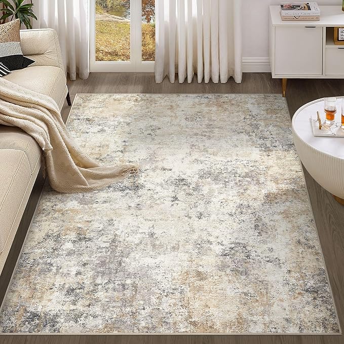 UERMEI 4x6 Area Rug Living Room Rugs - Washable Neutral Modern Abstract Soft Thin Rug Indoor Floor No Slip Rug Carpet for Bedroom Under Dining Table Home Office Decor - Golden Grey