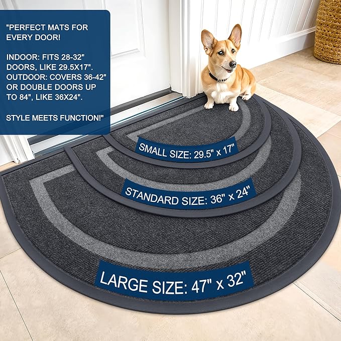 OLANLY Half Circle Door Mat Indoor Outdoor Entrance Welcome, Waterproof All-Season, All-Weather Doormat, Sturdy Natural Rubber, Low Profile, Easy Clean Patio Porch Entryway Mat, 36x24, Grey