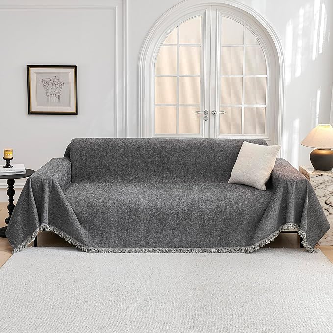 MYSKY HOME Couch Cover for Dogs, Washable Couch Covers, Non Slip Sofa Cover, Couch Cover 2 Cushion Sofa Dogs Furniture Protector with Tassels, Chenille Sofa Slipcover for Pets, 71"x118", Dark Grey