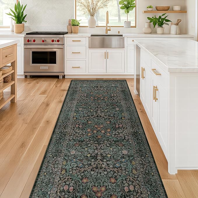 Vintage 3x8 Wide Runners for Hallways, Long 8ft Floor Runner for Kitchen, Entryway Indoor, Washable Non Skid Rubber Backing Stain Resistant - Dark Green Floral Décor