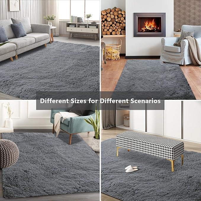 Shag Area Rugs for Bedroom Living Room,8X10 Ultra Soft Fluffy Area Rugs for Dorm, Indoor Carpet Nursery Rugs for Kids Girls Room Home Decor,Dark Grey