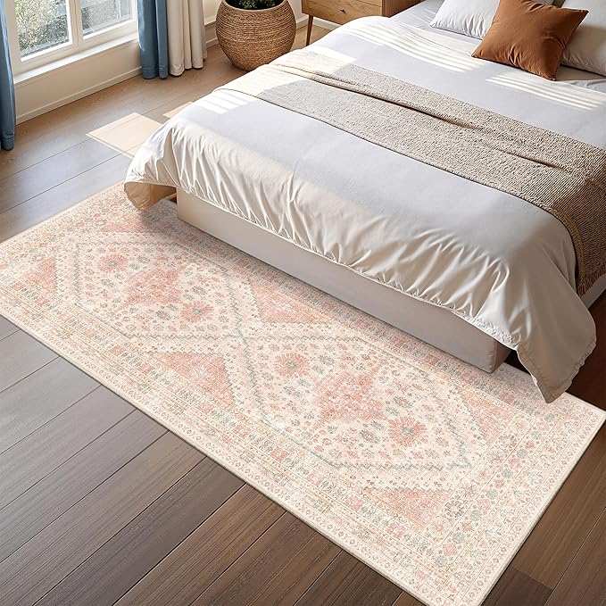 Runner Rug 2x6, Non Slip Washable Rugs for Laundry Room, Runners for Hallways, Low Pile Vintage Soft Rugs for Living Room, Kitchen Bathroom,Bedroom Rug(Pink,2'x6')