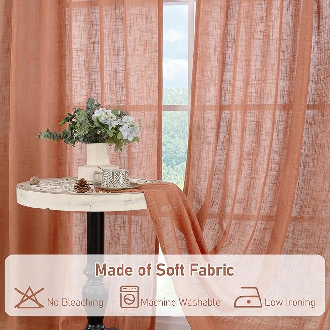 LAMIT Terracotta Linen Curtains 63 Inch for Bedroom, Light Filtering Neutral Semi Sheer Window Boho Curtains Back Tab and Rod Pocket Panels for Living Room, 2 Panels, 52 x 63 Inch